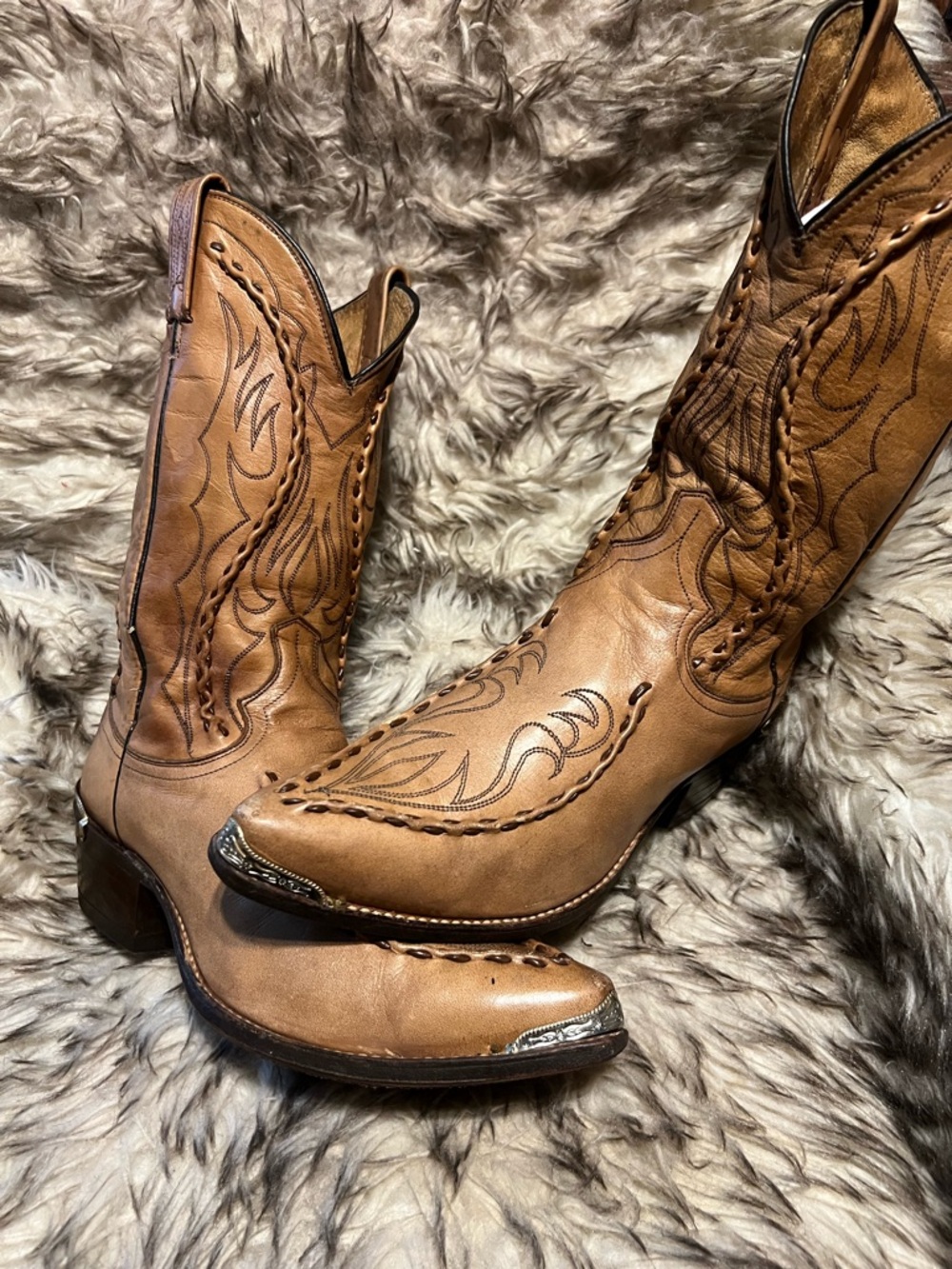 Dan Post Brown Leather Western Boots with Gold Silver Toe Tips Sz 9.5 EW